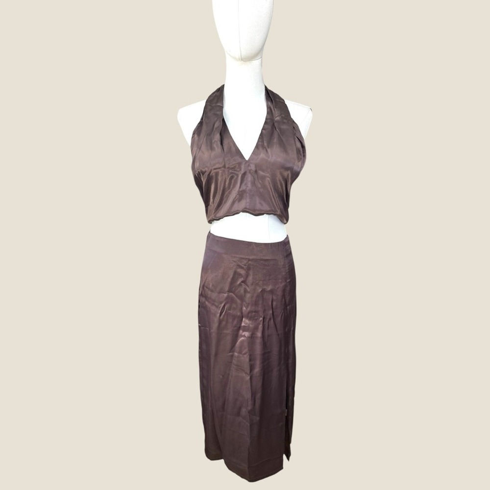 Krisa NWT Size XS brown satin halter w midi skirt set‎